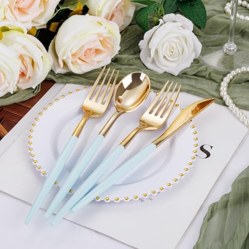 Supernal 102Pcs Gold Plastic Cutlery with Mint Green Handle for Party - Image 2