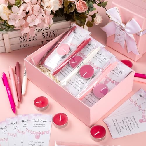 Spakon 60 Sets Baby Shower Favors for Guests Include Unscented Tealight Candles Multicolor Ballpoint Pen Thank You Card OPP Bags Gender Reveal Gifts for Baby Shower Game Prizes (Pink,Girl) - Image 5