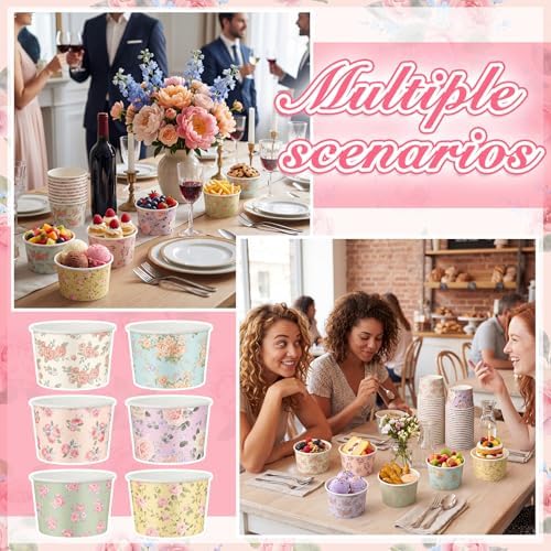 CHENGU 300 Pcs Floral Ice Cream Cups 8oz Disposable Treat Snack Cups Retro Flower Pattern Paper Bowls for Soup Yogurt Cupcake Hot or Cold Food Wedding Baby Shower Tea Party Supplies - Image 5