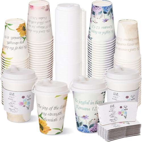 Remerry 100 Pcs 12oz Floral Disposable Coffee Cups with Lids and Sleeves Paper Insulated Drink Hot Coffee Paper Cups with Dome Lids and Sleeves for Party Wedding Birthday Baby Shower (Creative) by Remerry