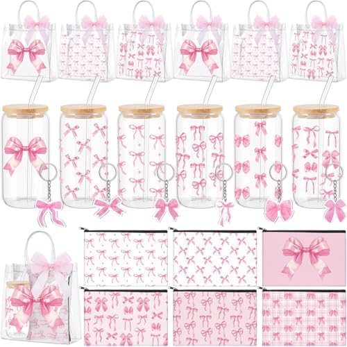 Rtteri 30 Pcs Pink Bow Party Favors Gift Set for Women, Coquette Bow Baby Shower Prizes for Winners Bachelorette Bridal Shower, Includes 16 oz Glass Tumbler PVC Gift Bag Cosmetic Bag Keychain by Rtteri