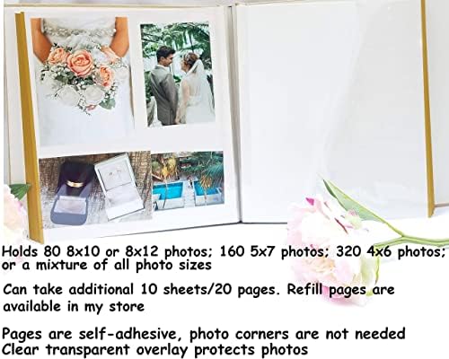 higher volume capacity XL magnetic page wedding album. 80 pages, 4x6, 5x7, 8x10, 8x12 photos, gift box. Fabric pearls and gold lace wedding album, personalizable - Image 4
