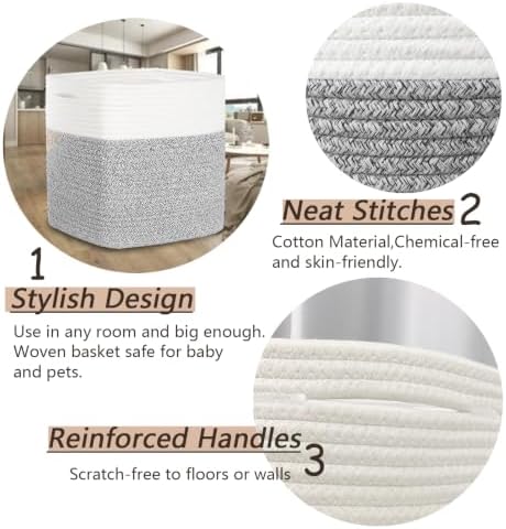 COMFY-HOMI 3PACK Cotton Rope Square Basket with Handles for Shelves|Dog Toy Bin and Storage|Baby Gift|Shoe Organizer|New 11" x 11" x 11" for Living Room - Image 4