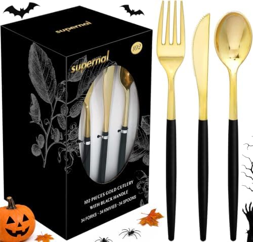 Supernal 102pcs Heavy Duty Black and Gold Plastic Silverware Set, 34 Guests by supernal