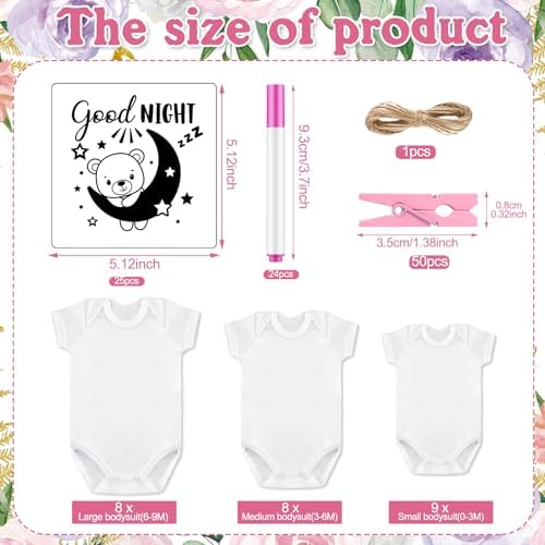 Panitay 126 Pcs Baby Shower DIY Bodysuit Set Bib 25 Blank White Newborn Bodysuit 25 Stencils 24 Marker 1 Sign 50 Pins(Butterfly) - Image 5