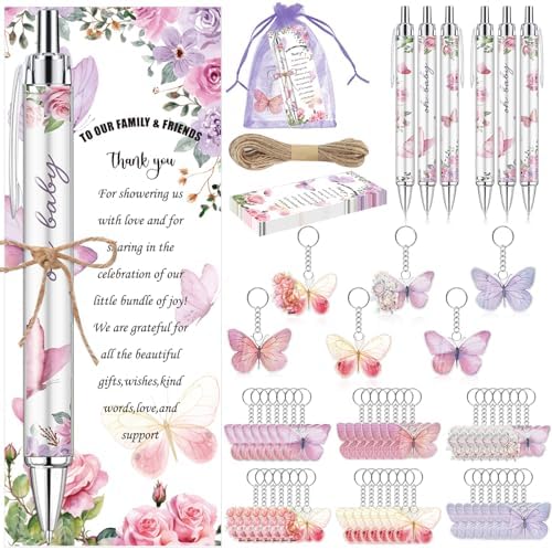 289 Pieces Butterfly Baby Shower Gifts for Guest Ballpoint Pens and Keychains Favors for Girls Bulk Retractable Baby Shower Pens Gender Reveal Thank You Cards Souvenirs Prizes by EYNDYN