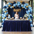 Wish Care 14ft Navy Blue Satin Table Skirt for Rectangle Tables Wrinkle Free Teacher Desk Skirt Glitter Ruffle Table Skirting Cloth for Back to School Classroom Office Dorm Birthday Party Table Decor - Image 3