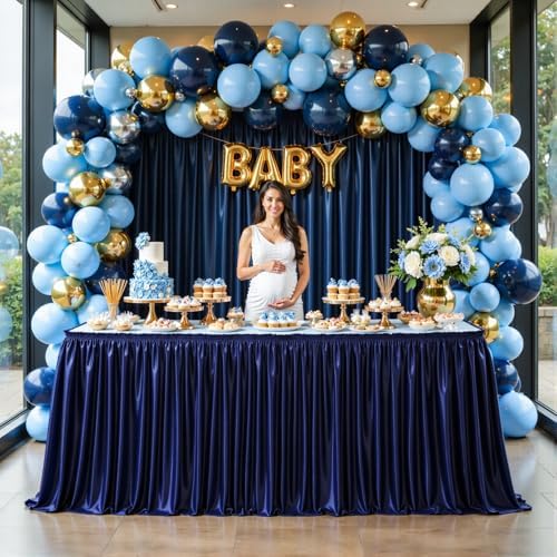 Wish Care 14ft Navy Blue Satin Table Skirt for Rectangle Tables Wrinkle Free Teacher Desk Skirt Glitter Ruffle Table Skirting Cloth for Back to School Classroom Office Dorm Birthday Party Table Decor - Image 3