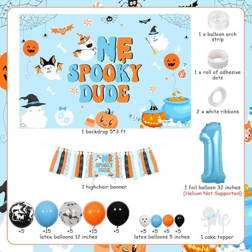 Halloween 1st Birthday Decorations Boy Blue - One Spooky Dude Backdrop with Balloon Arch Kit, Highchair Banner, Cake Topper Foil Balloon for Spooky First Birthday Party Supplies - Image 5
