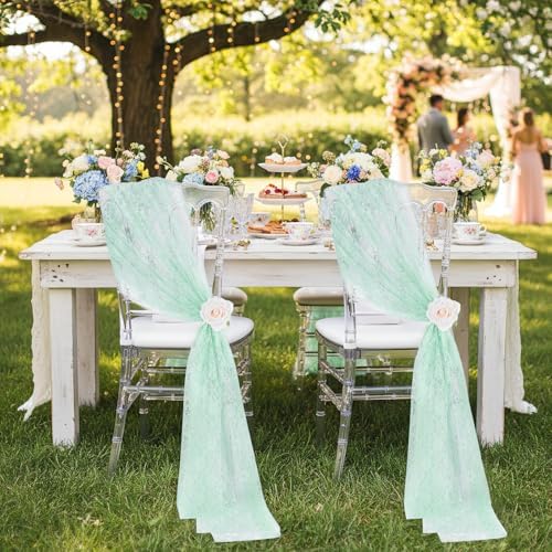 QueenDream Light Green Lace Chair Sashes 32 Pack Embroidered Chair Cover - Image 7