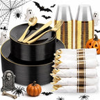 KIRE 175Pcs Black Plates Disposable - Heavy Duty Black and Gold Plastic Plates- 25 for Dinner 25 for Dessert 25 Pre Rolled Gold Silverware and 25 Cups for Party/Wedding/Father's Day/Halloween by KIRE