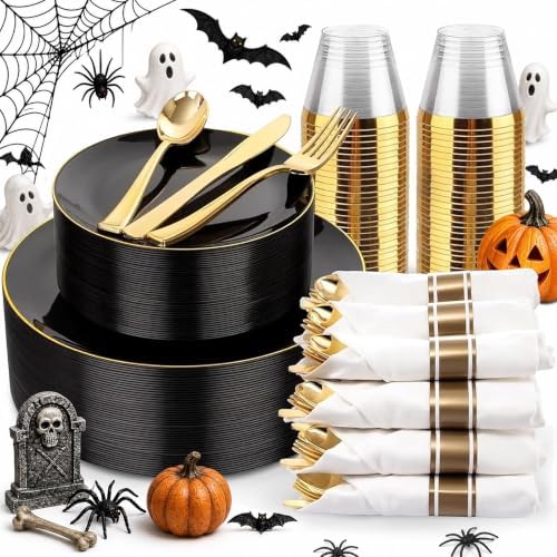 KIRE 175Pcs Black Plates Disposable - Heavy Duty Black and Gold Plastic Plates- 25 for Dinner 25 for Dessert 25 Pre Rolled Gold Silverware and 25 Cups for Party/Wedding/Father's Day/Halloween by KIRE