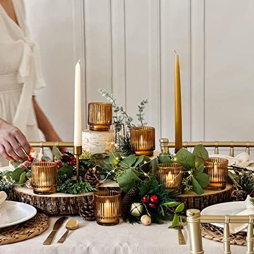 Kate Aspen 12PCS Vintage Ribbed Amber Glass Tealight & Votive Candle Holders, Fall Decor, Boho Decor, Shelf Decoration for Wedding, Bachelorette, Bridal Shower & Anniversary - Image 4