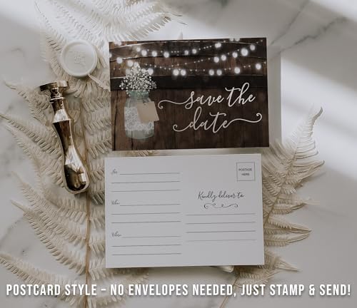 Your Main Event Prints 50 Rustic Mason Jar Save The Date Cards for Wedding, Engagement, Anniversary, Baby Shower, Birthday Party, Wood Save The Dates Postcard Invitations (Pack of 2) - Image 3