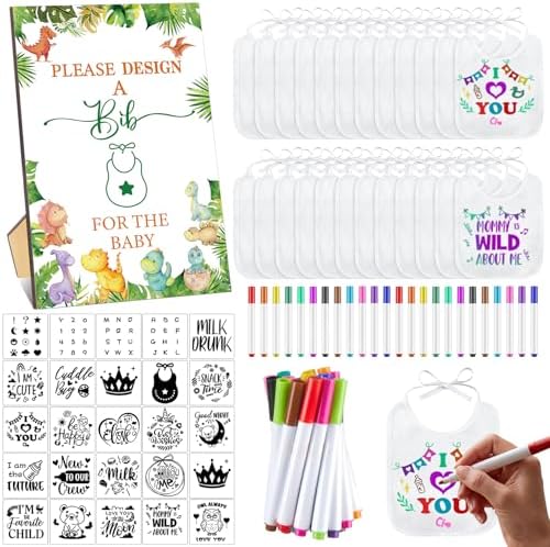 Panitay 100 Pcs DIY Baby Bibs Decorating Kit 50 White Bibs 25 Stencils 24 Markers 1 Baby Shower Game Sign by Panitay