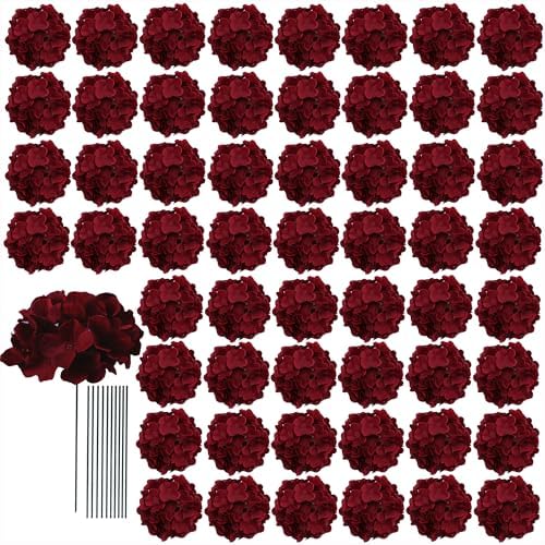 AVIVIHO 65Pcs Fake Flowers Burgundy Hydrangea Artificial Flowers Bulk (Not Squished, No Steaming Need) Silk Flowers with Stems for Wedding Decor,Home,Baby Shower,Table Centerpieces Decoration by Aviviho