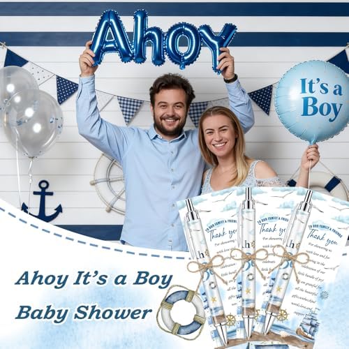145 Pieces Ahoy It’s a Boy Baby Shower Favors for Guest Nautical Ballpoint Pens and Keychains Gifts Bulk Retractable Baby Shower Pens Gender Reveal Greeting Cards Souvenirs Prizes - Image 5