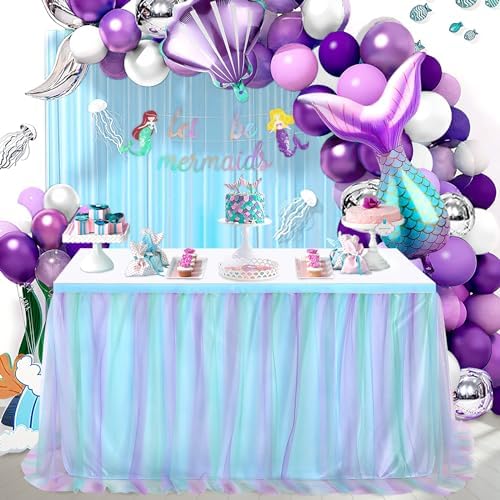 Pastel Rainbow Blue Table Skirt Ruffle Mermaid Party Tablecloth for Rectangle Table Tables or Round Tables 14ft Birthday Party Baby Shower Decorations - Image 5