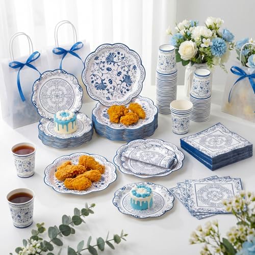 Pickmesh 250 Pcs Chinoiserie Party Supplies Decorations Blue and White Porcelain Disposable Paper Plates Napkins and Cups for Blue White Floral Baby Shower Birthday Wedding Tea Party, Serve 50 - Image 6