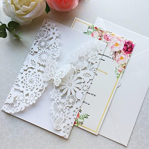 Hosmsua 5.12 x 7.3 Inches 20PCS Ivory Wedding Invitation Cards with Butterfly and Envelopes Laser Cut Lace Flora Invitation for Wedding Engagement Quinceanera Sweet 16 Birthday Party (Ivory) - Image 3