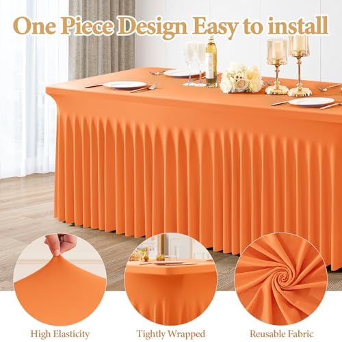Shillance 2 Packs Orange Spandex Tableclothes for 8 Foot Rectangle Table, Spandex Table Covers 8FT Stretch Table Skirts Rectangle Wrinkle Free Fitted Tablecover for Event, Wedding, Banquet & Parties - Image 2