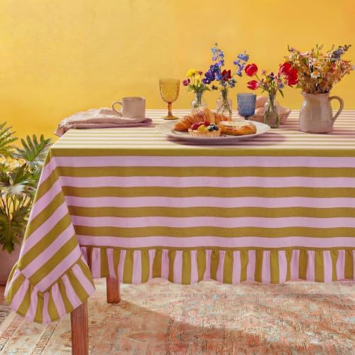 Tudomro Striped Tablecloth, Rectangle, Olive, Dusty Rose, 60'' X 120'' by Tudomro