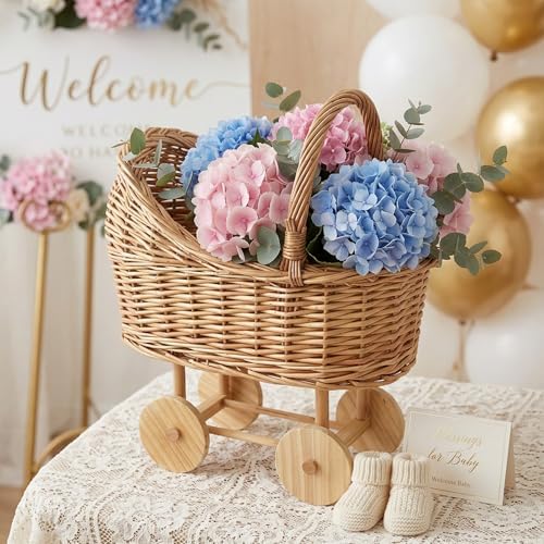 Woven Rattan Stroller Shaped Flower Basket with Handle, Versatile Trolley Decorative Flower Basket, Wicker Baby Carriage, Handwoven for Weddings, Baby Showers, Floral Arrangements - Image 2