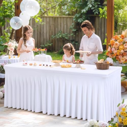 Shillance 6 Packs White Spandex Table Covers 8 Foot, Fitted Stretch Table Cloth with Skirts 96x30 Inch, Wrinkle-Free Floor Length Rectangle Tablecloths for Weddings Parties Banquets Events - Image 5