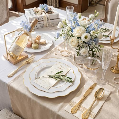NOCCUR 175PCS Gold Plastic Plates with Disposable Silverware - White Gold Plastic Tableware Include 25 Dinner /25 Dessert Plates, 75 Cutlery, 25 Cups, 25 Napkins - Ideal for Party/Wedding - Image 4