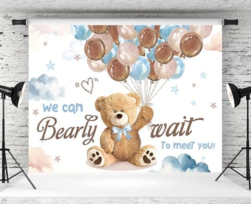 8x6ft We Can Bearly Wait Backdrop Bear Baby Shower Photography Background for Boys Cute Cartoon Balloons Baby Shower Party Decorations Supplies Photo Booth Props - Image 3