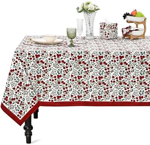 Ridhi Garnet Red Hand Block Print Cotton Rectangle Tablecloth 120 x 80 Inch by Ridhi