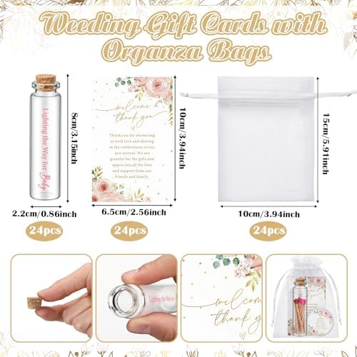 MTLEE 24 Sets Pink Roses Baby Shower Favors for Guest Bulk Including Lavender Scented Candles and Empty Matches Jars with Cork Top Thank You Cards and Organza Bags for Baby Shower Party Souvenir - Image 6