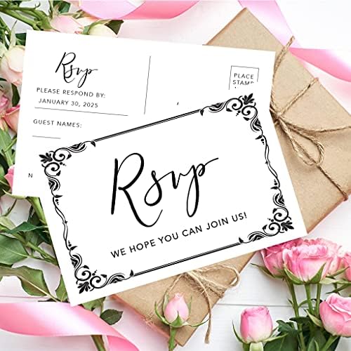 Andaz Press 56-Pack Personalized RSVP Postcards for Wedding Art Deco Frame Cardstock Response Reply Cards for Bridal Shower Baby Shower Birthday Event Custom Date and Return Address 4 x 6-Inch - Image 3