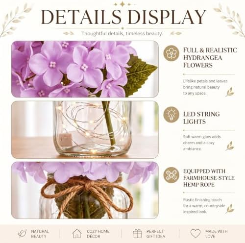 4 Sets Mason Jar Centerpiece with LED Lights and Purple Hydrangea Fake Flowers Vase for Wedding Bridal Shower Party Coffee Table Decor - Image 3