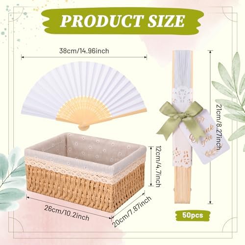 Beeveer 50 Sets Folding Wedding Fan Favor for Guest with Basket, Ready to Use Bulk White Folding Hand Paper Fan with Bow Ribbon Thank You Tag, Bridal Shower Wedding Party Favor Gift (Green,Daisy) - Image 2