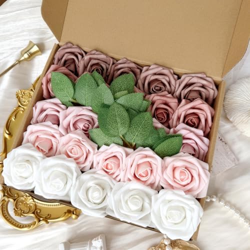 50pcs Dusty Rose Gold Foam Fake Roses with Stems Blush Pink Mauve Artificial Flowers Real Looking for Wedding Bouquets Bridal Shower Centerpieces Floral Arrangements Party Tables Home Decor Bulk - Image 2