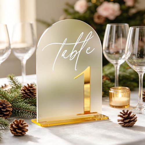 Frosted Table Numbers, Wedding Table Numbers Gold 1-25 with Stands, Gold 3D Acrylic Arch Signs with Holder, 5" x 7" Elegant Table Decor for Wedding Reception, Party, Anniversary, Events - Image 5