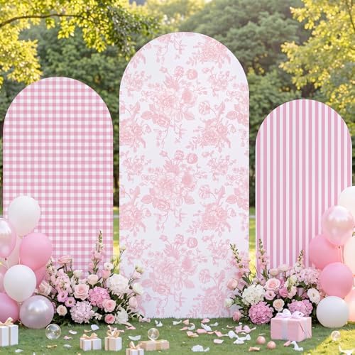 SiliFine Set of 3 Pink Chinoiserie Floral Arch Cover 4ft 5ft 6ft Gingham Stretchy Backdrop Covers Striped Backdrop Cover for Wedding Birthday Party Bridal Shower Baby Shower Celebration by SiliFine