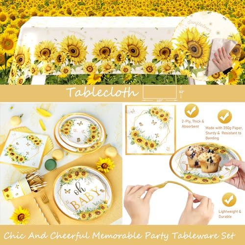 Hombae Sunflower Baby Shower Decorations for Girls, 179 PCs Sunflower Yellow Party Supplies with Plates, Napkins, Forks, Hanging Swirls, Banner, Tablecloth for Baby in Bloom Party, Serves 24 Guests - Image 4