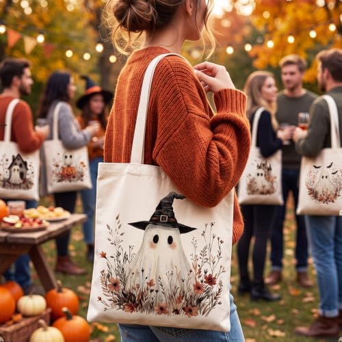Shinylin 8 Pcs Halloween Boho Wildflower Ghost Tote Bags Trick or Treat - Image 2