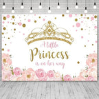 5x3ft Baby Shower Backdrop A Little Princess is on Her Way Photography Background Gold Crown Pink Floral Giltter Dots Girl Princess Party Banner Decorations Newborn Photo Booth Prop - Image 3