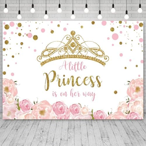 10x5ft Baby Shower Backdrop A Little Princess is on Her Way Photography Background Gold Crown Pink Floral Giltter Dots Girl Princess Party Banner Decorations Newborn Photo Booth Prop - Image 3