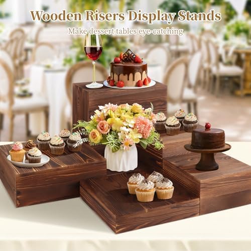 OMISTAR 6 Pcs Wooden Risers Display Stands Set - Rustic Wood Cake Stands, Nesting Display Blocks, Assorted Size Wood Display Shelf for Party Decorations, Jewelry, Figures Collection - Image 3