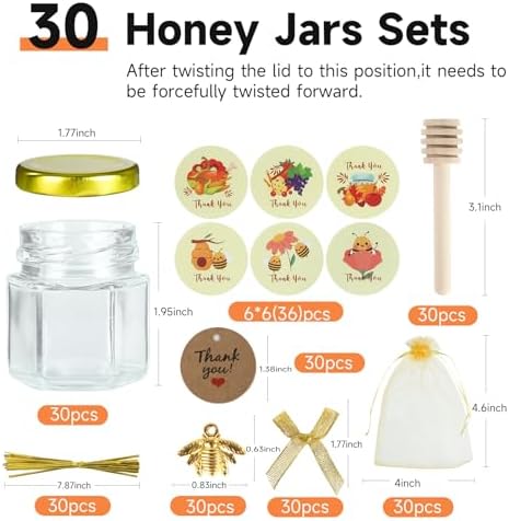 Mini Honey Jars with Dipper- 30Pcs Small Honey Jars Party Favors for Baby Shower,Wedding Favors, 1.5 oz Glass Jars with Lids (Gold, 30) - Image 3