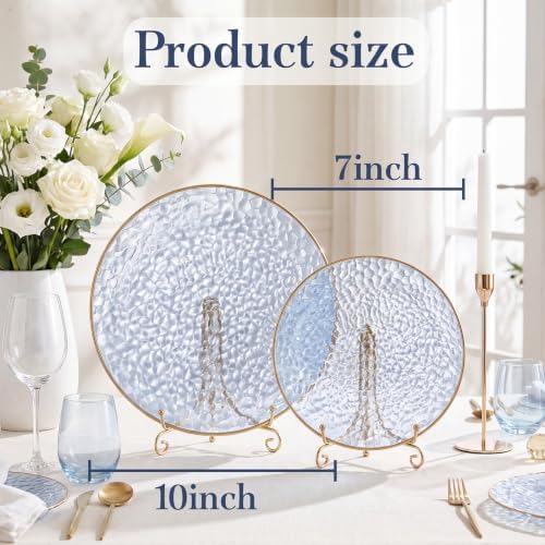 Rubtlamp 60Pcs Clear Blue Plastic Plates, Hammered Blue Plates, Clear Fancy Disposable Plates With Gold Rim Include 30 Dessert Plates, 30 Dinner Plates for Party - Image 2