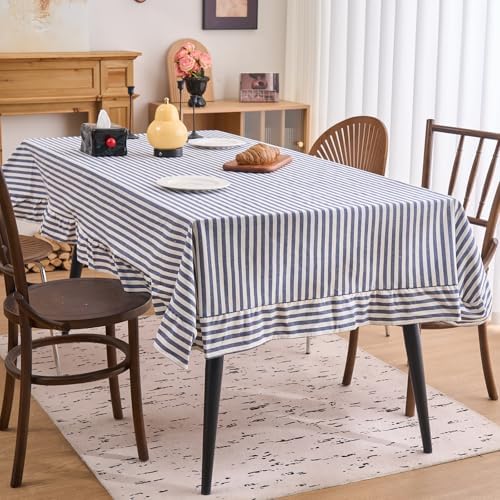 vctops Farmhouse Navy Stripe Ruffle Table Cloth, Boho Cotton Linen Tablecloth, Washable Table Cover for Rectangle Table Baby Shower Kitchen Party Wedding Decor (Navy B,70"x134") - Image 2