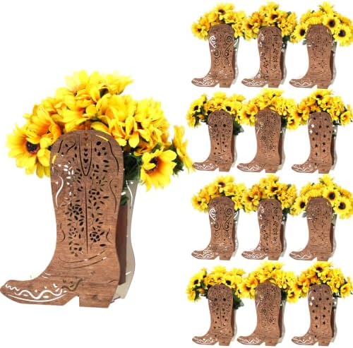 Cinnvoice 12 Pack Wooden Cowboy Boot Centerpieces, Western Flower Boxes by QinYee