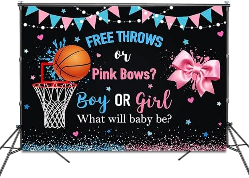 Free Throws or Pink Bows Gender Reveal Backdrop 8x6ft Basketball Bows Gender Reveal Party Decorations Background Boy or Girl He or She Banner Photo Booth Props - Image 2