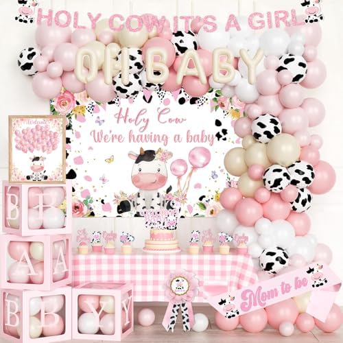Costova Cow Baby Shower Decorations for Girls, Pink Cow Baby Shower Decorations, Holy Cow We Are Having a Baby Backdrop Balloon Box Tablecloth Sash Pin for Cow Print Its a Girl Gender Reveal by Unknown