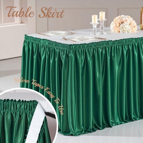 17ft Length Satin Green Table Skirt Rectangle Tables, Wrinkle Free Pleated Ruffle Table Cloth Glitter Desk Skirting for Weddings Birthday Party Satge Banquet Dining Table Decorations - Image 4